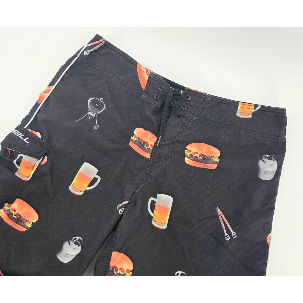O'Neill Retro Novelty BBQ Print Board Shorts Size 32 Mens Black Swimwear